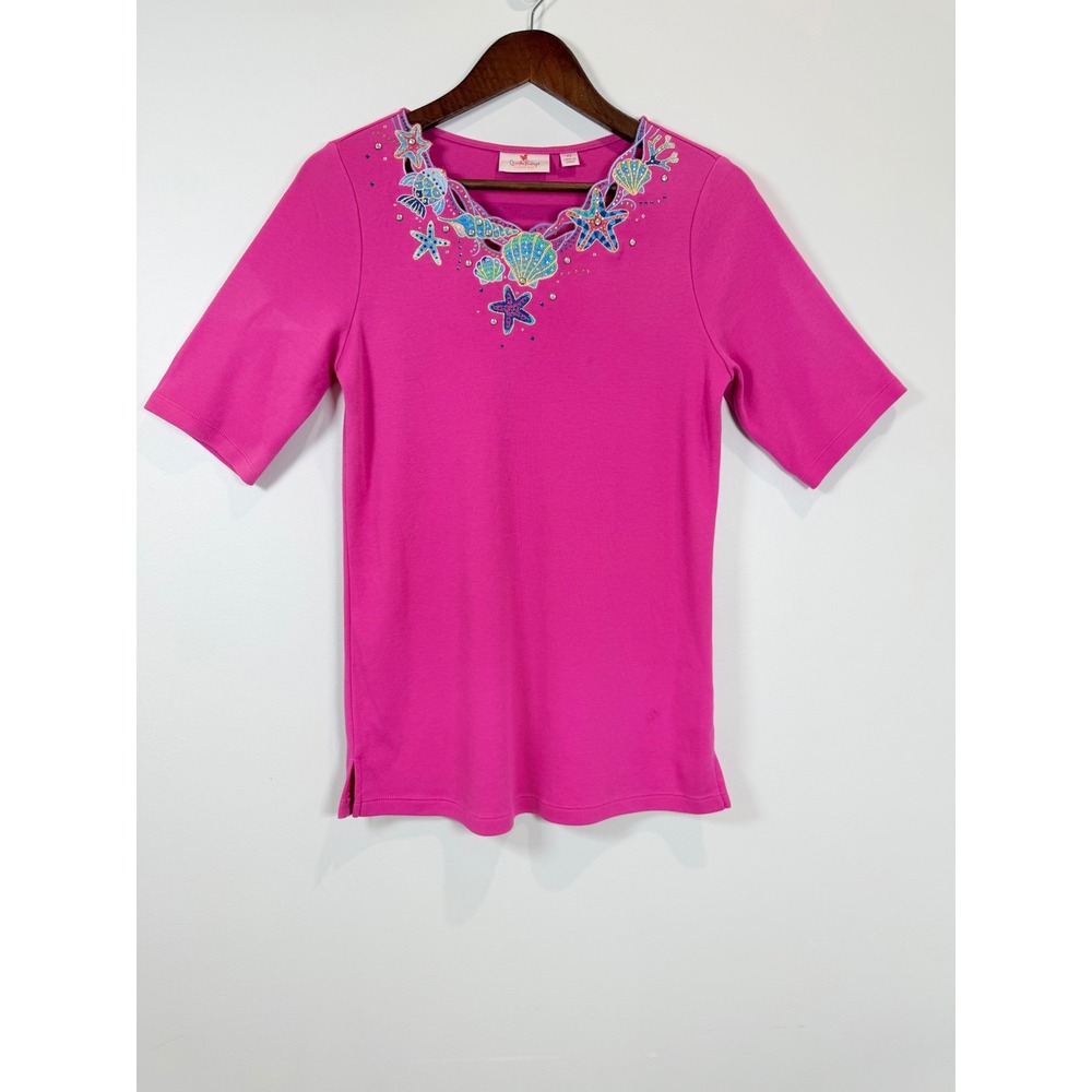 Quacker Factory Pink Coastal Shell Starfish Rhinestone Top Women XS Short Sleeve